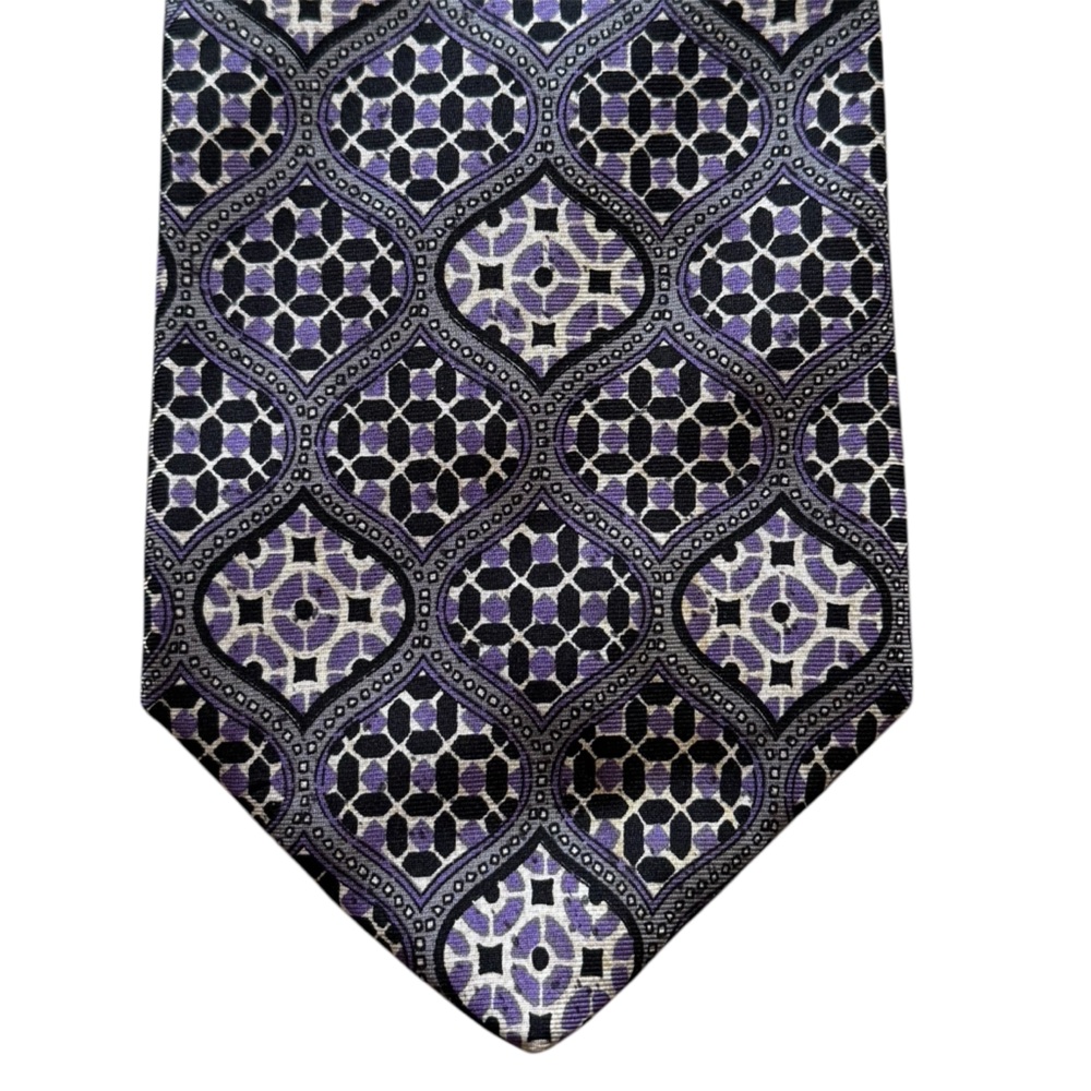 Vintage Purple White Black Pattern Print Pure Silk Mens Tie